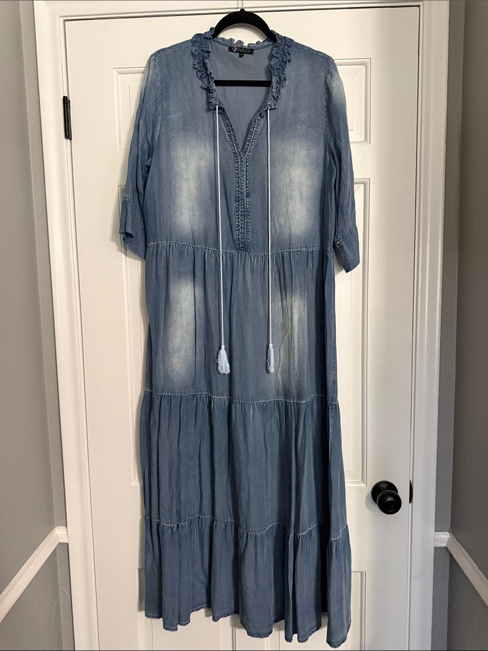 Washed Light Blue Tiered Maxi Dress with Tassel Tie